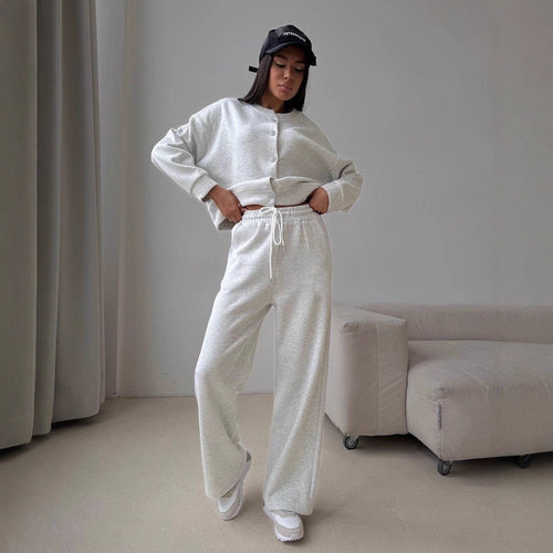 Damen lässiger Sweat-Pullover mit Knopfleiste und bequemen Jogginghose Heidi-Mode