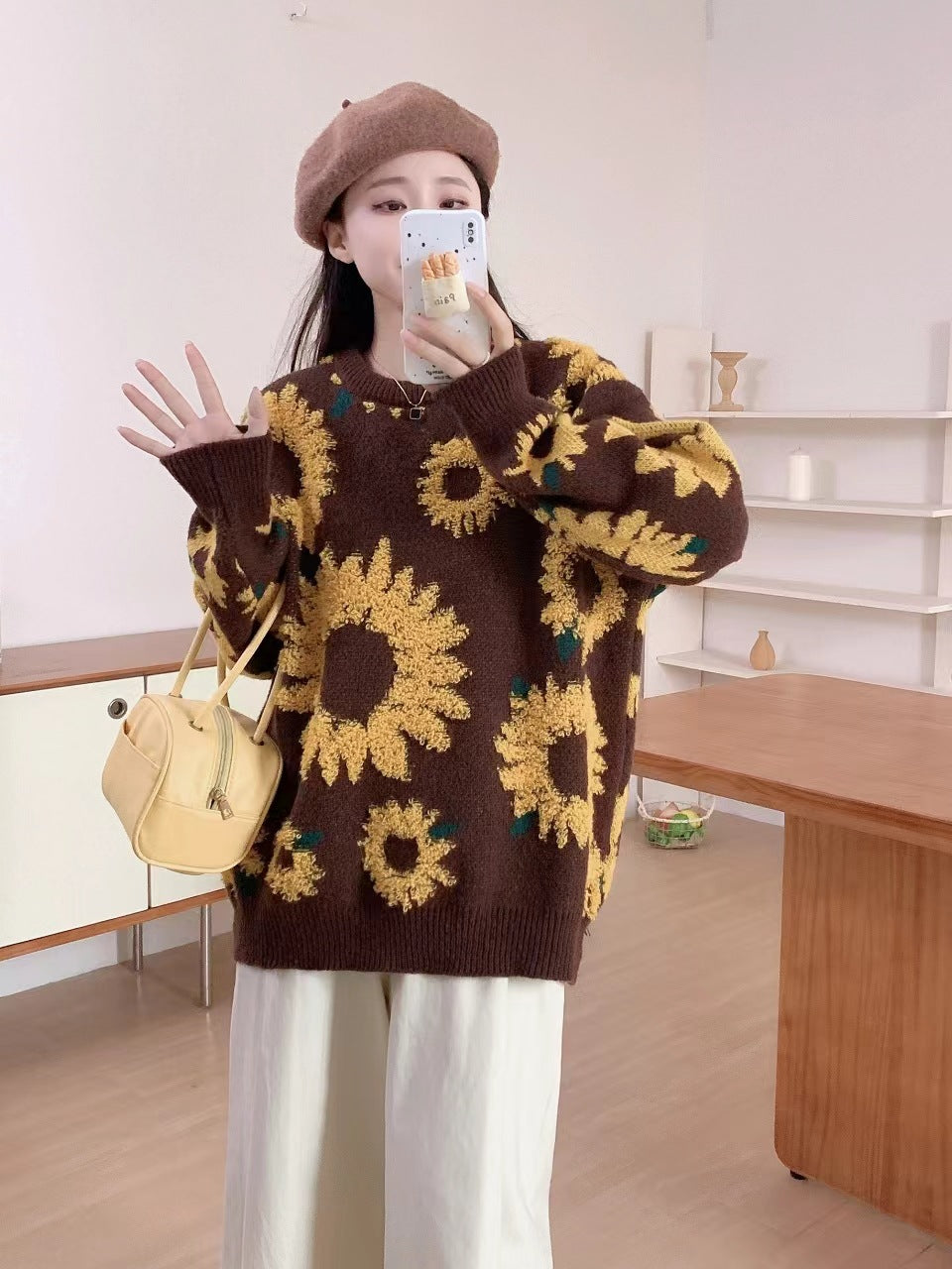 Damen Grobstrickpullover mit floralen Applikationen Heidi-Mode