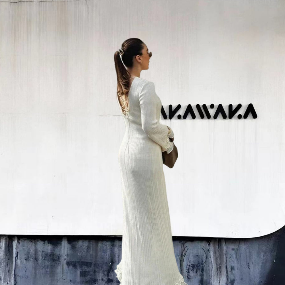 Damen Elegantes Maxikleid mit raffiniertem Rippdesign und fransigen Ärmeln Heidi-Mode