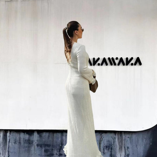Damen Elegantes Maxikleid mit raffiniertem Rippdesign und fransigen Ärmeln Heidi-Mode