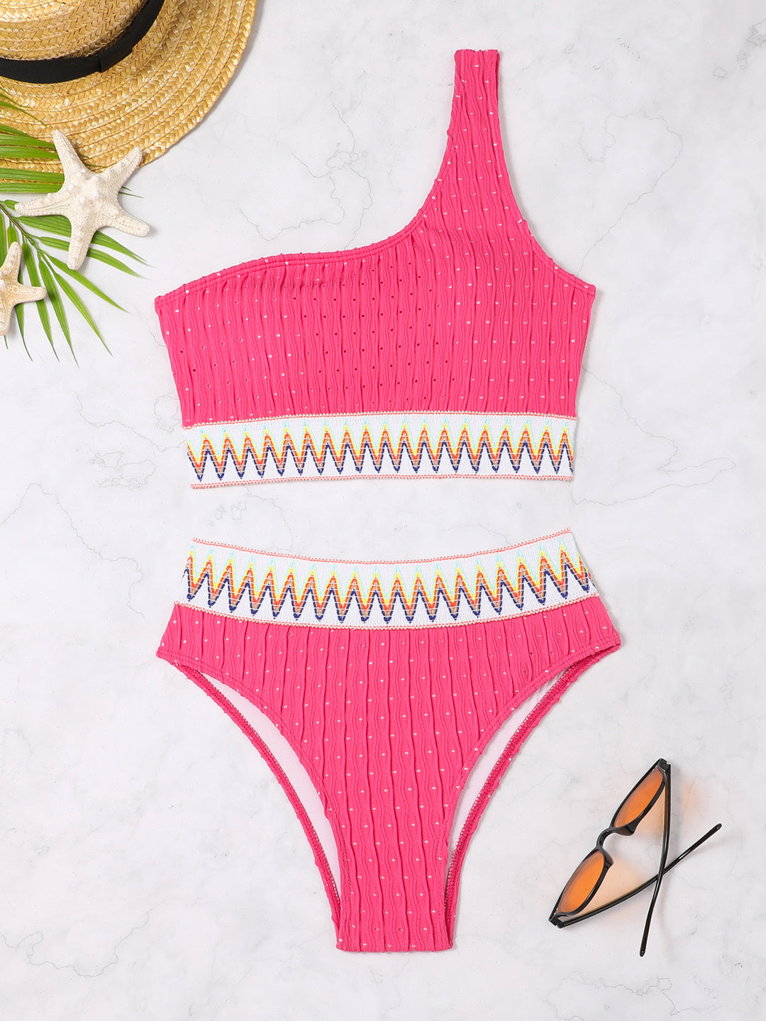 Damen Hochwertiges Bikini-Set mit asymmetrischem Oberteil und buntem Stickdesign Heidi-Mode