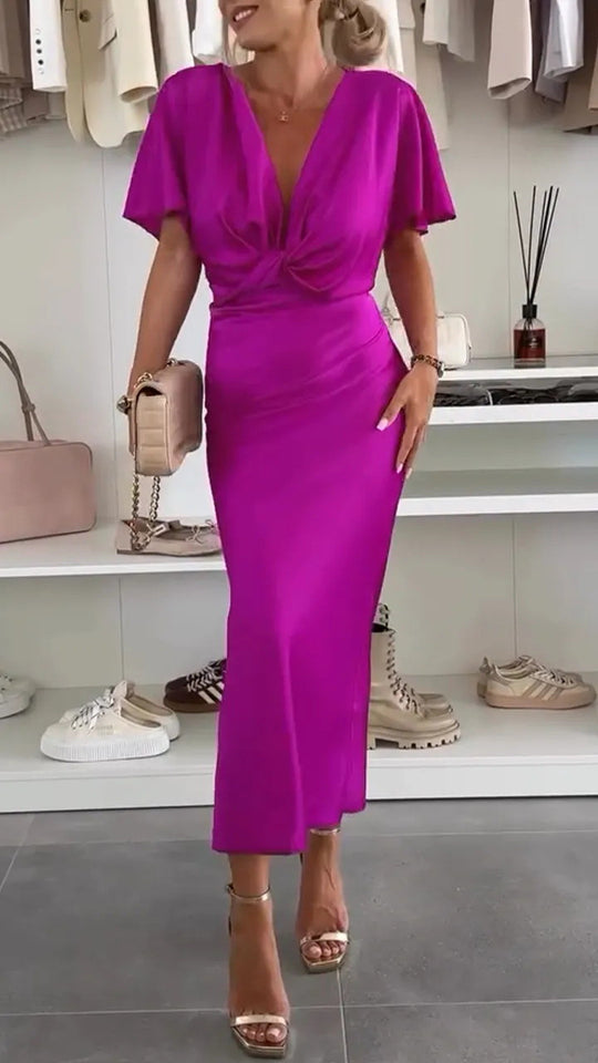 Damen Knielanges Satin-Kleid mit Kreuz-Design Heidi-Mode