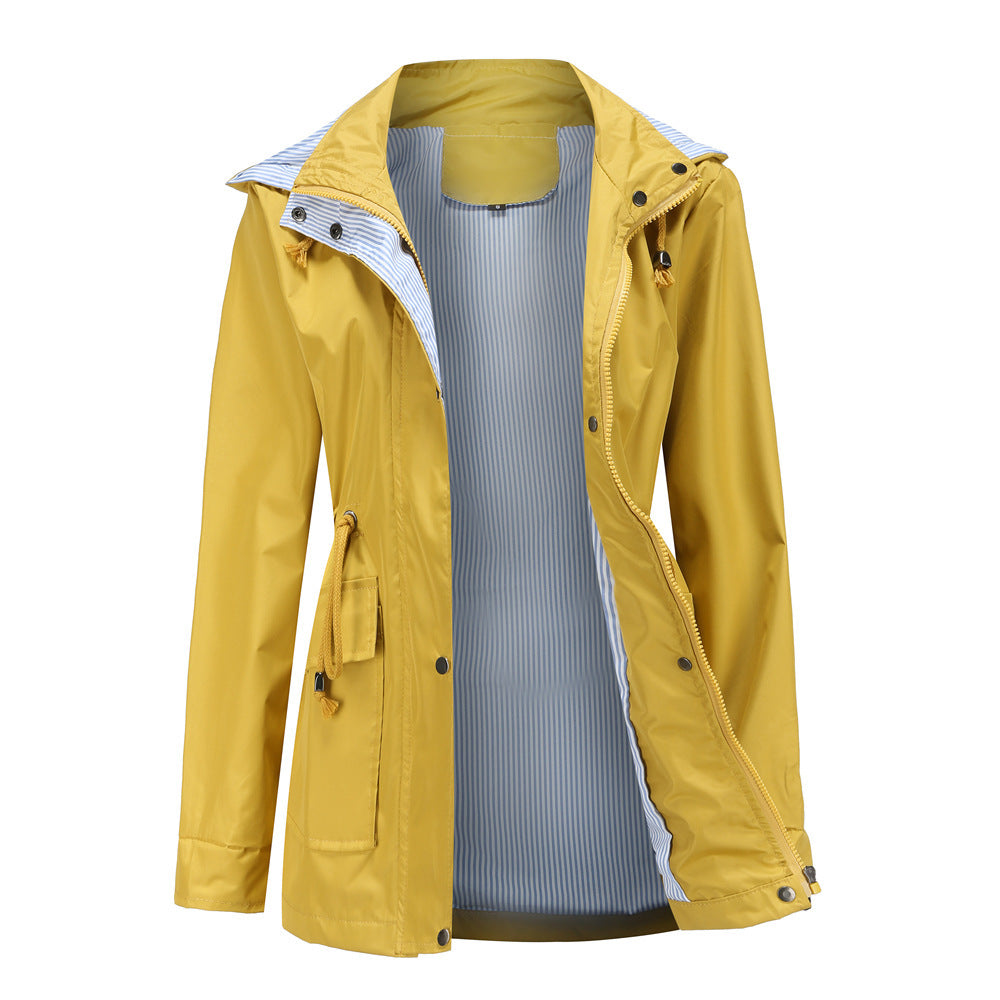 Damen Wetterfeste Regenjacke mit verstellbarem Kapuzenkragen und Taillenzug Heidi-Mode