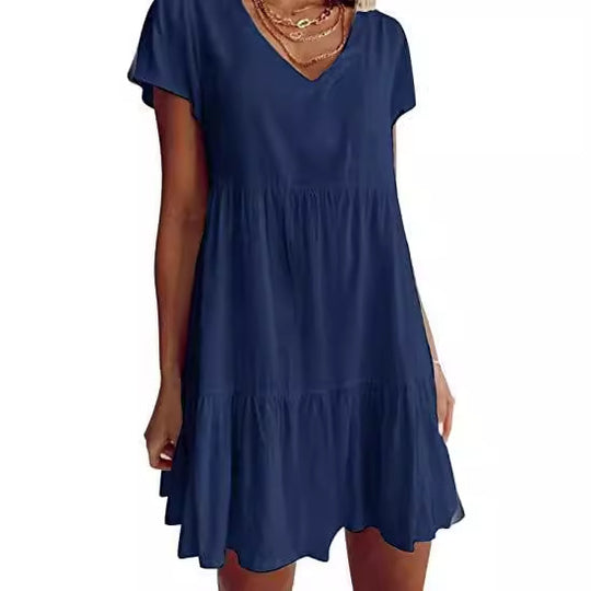 Damen lässiges und leichtes Sommerkleid mit V-Ausschnitt und voluminösem Rock Heidi-Mode