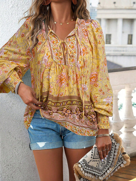 Damen Boho-Bluse mit Schleifenverzierung und floralen Mustern Heidi-Mode