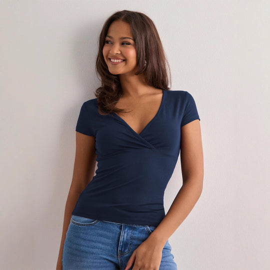 Damen Wickeloberteil mit V-Ausschnitt und figurbetonter Passform Heidi-Mode