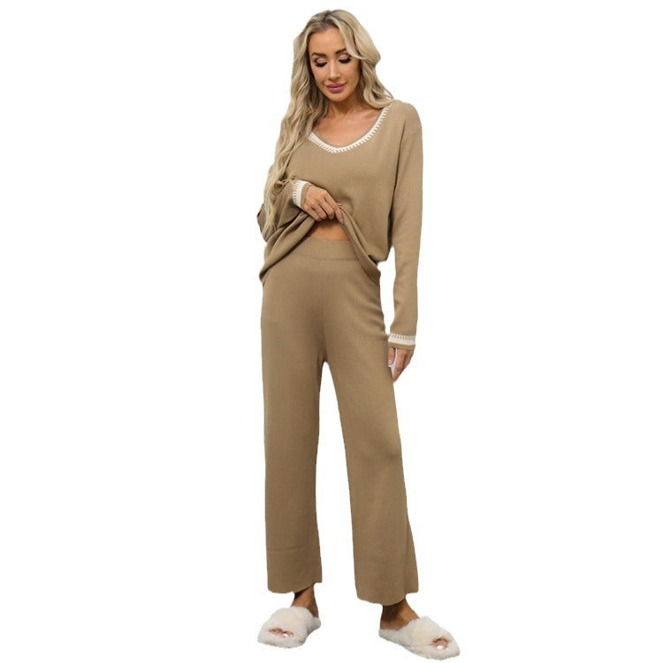 Damen elegantes Strick-Loungewear-Set mit tiefem V-Ausschnitt und breitem Bund Heidi-Mode