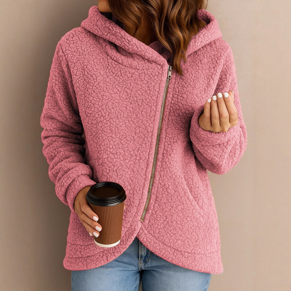 Damen Flauschige Kapuzenjacke mit asymmetrischem Reißverschluss Heidi-Mode