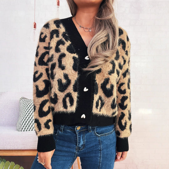 Damen oversized Strickjacke mit tierischem Leopardenmuster und knöpfbarem Design Heidi-Mode