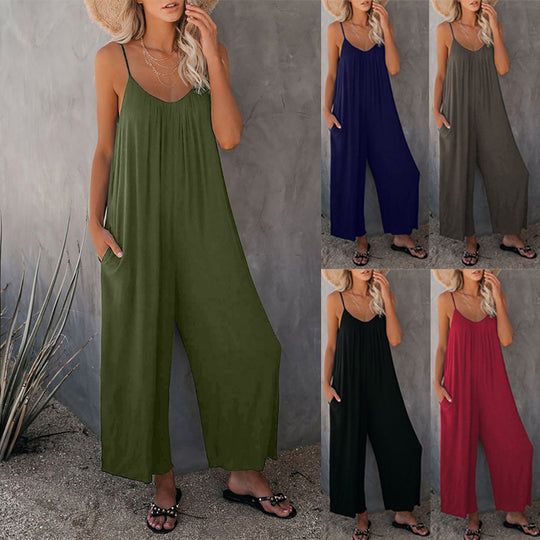 Damen Lässiger Sommer-Jumpsuit mit tiefem Ausschnitt und praktischen Taschen Heidi-Mode