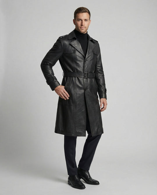 Herren Kunstleder Trenchcoat modern geschnitten