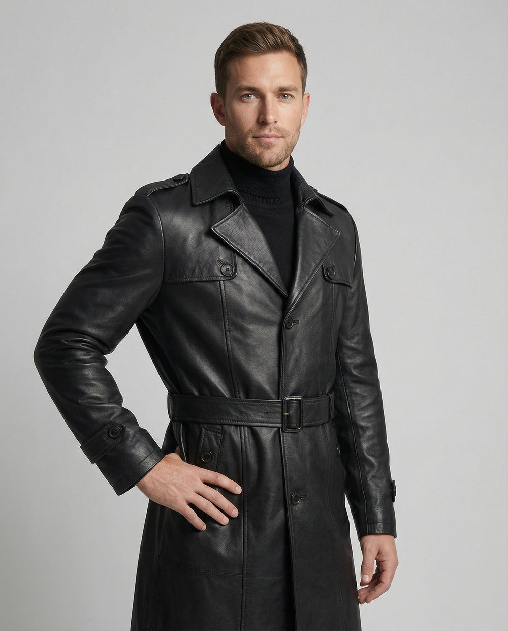 Herren Kunstleder Trenchcoat modern geschnitten