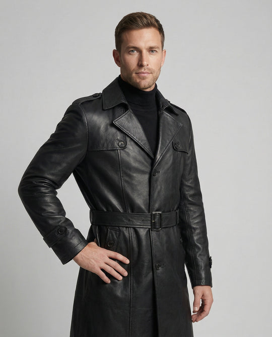 Herren Kunstleder Trenchcoat modern geschnitten