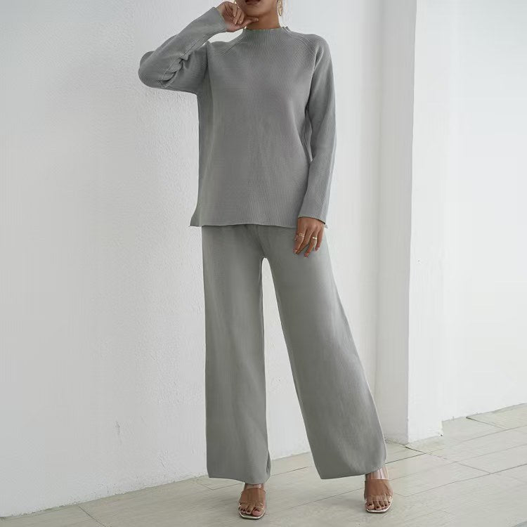 Damen elegantes und lässiges Strick-Loungewear-Set mit hohem Kragen und weiten Beinen Heidi-Mode