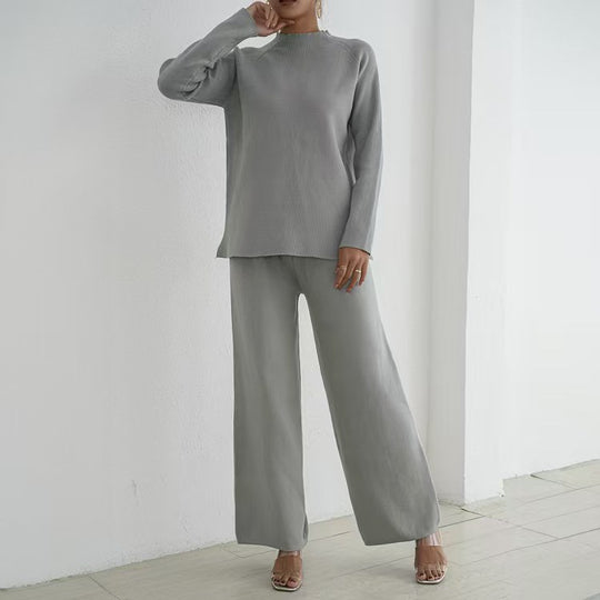Damen elegantes und lässiges Strick-Loungewear-Set mit hohem Kragen und weiten Beinen Heidi-Mode