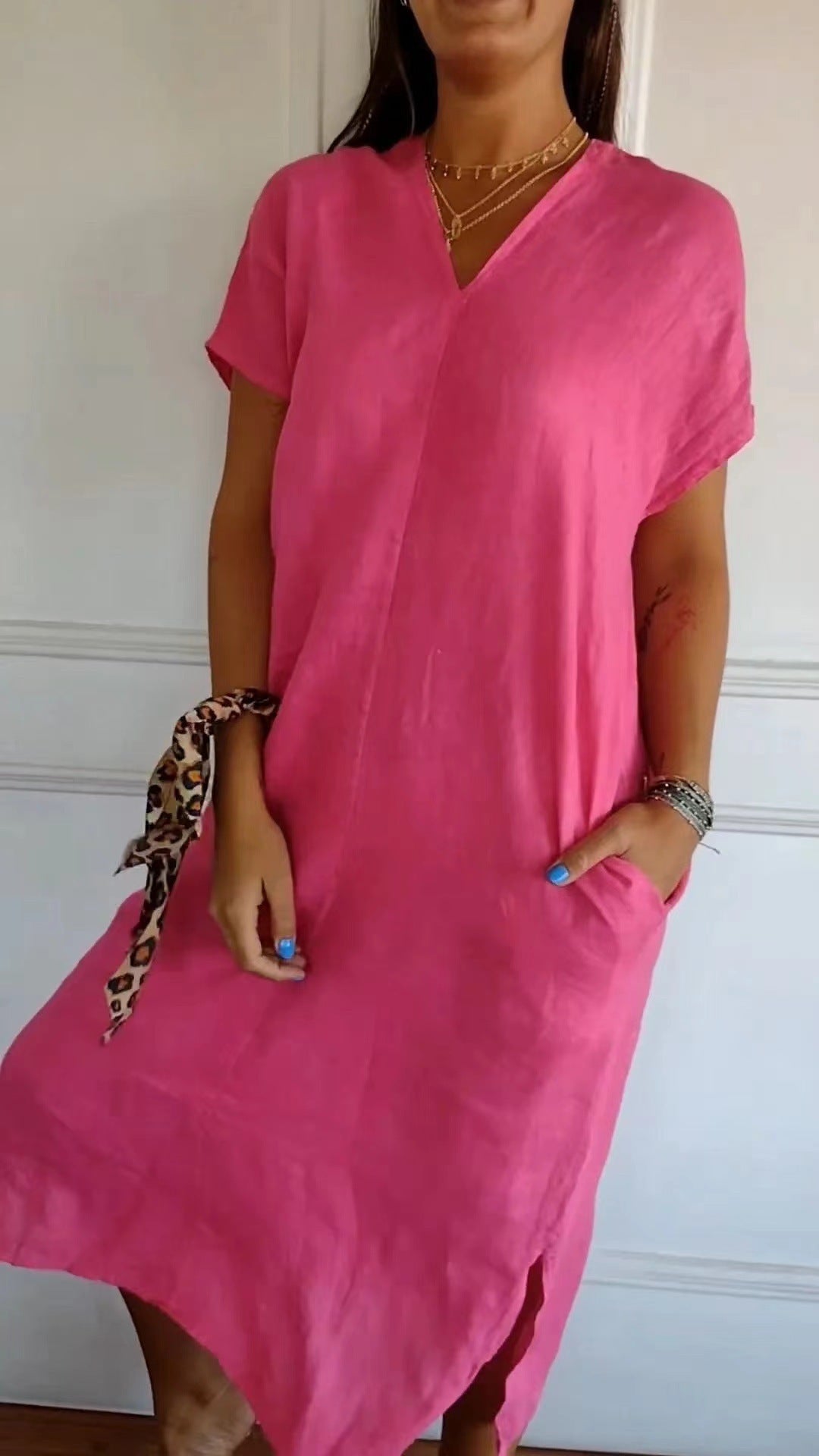 Damen luftiges Leinenkleid mit praktischen Seitentaschen Heidi-Mode
