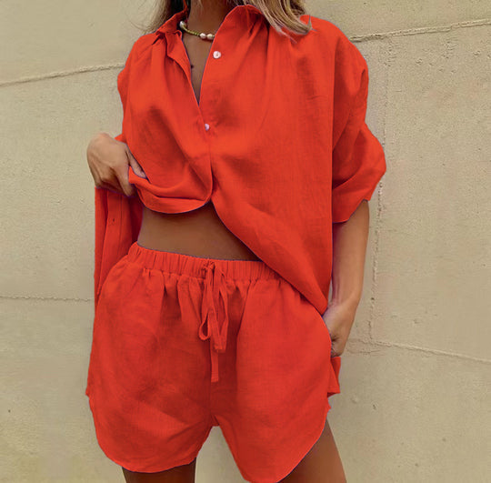 Damen lässiges Leinen-Set mit oversized Hemd und kurzen Hosen Heidi-Mode