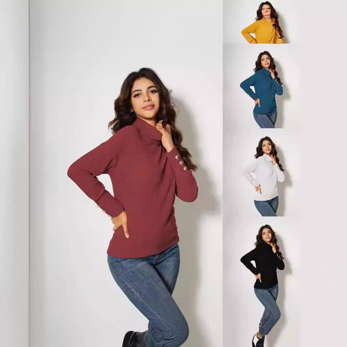 Damen Moderner Rollkragenpullover mit Knopfdetails Heidi-Mode