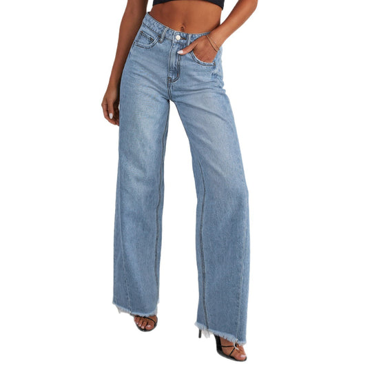 Damen Weite Jeans im lässigen Vintage-Stil mit fransigem Saum Heidi-Mode