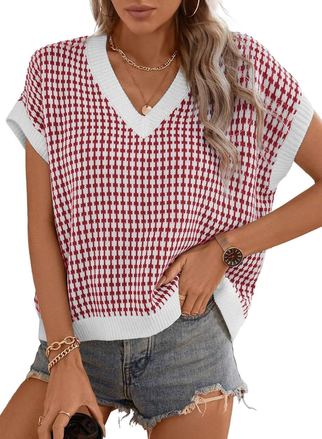 Damen lässiger V-Ausschnitt Pullover mit geometrischem Muster Heidi-Mode