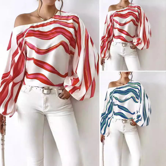 Damen Off-Shoulder Bluse mit voluminösen Ärmeln und maritimem Wellenmuster Heidi-Mode