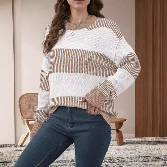 Damen gestreifter Strickpullover mit weitem Schnitt Heidi-Mode