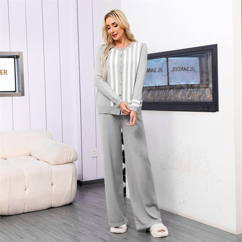 Damen elegantes Strick-Loungewear-Set mit grafischem Muster und Knopfdetaillierung Heidi-Mode