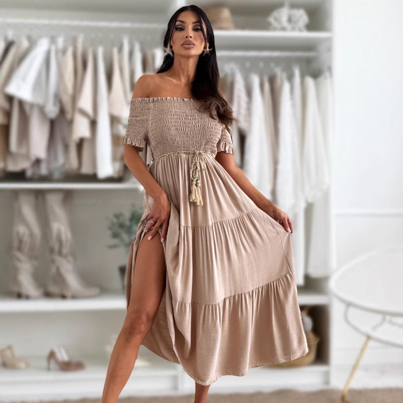 Frauen Off-Shoulder Stufenkleid Maxi Heidi-Mode 1751425501