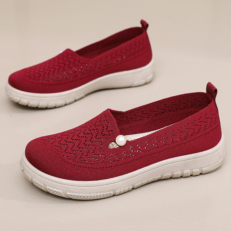 Damen Slip-On Freizeit Schuhe mit eleganter Strickoberfläche und Perlenschmuck Heidi Mode