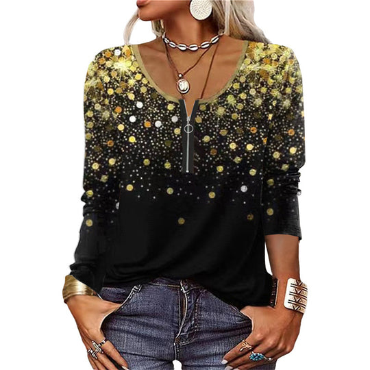 Damen Langarmshirt mit schimmerndem Glitzerdetail und halsfernem Reißverschluss Heidi-Mode