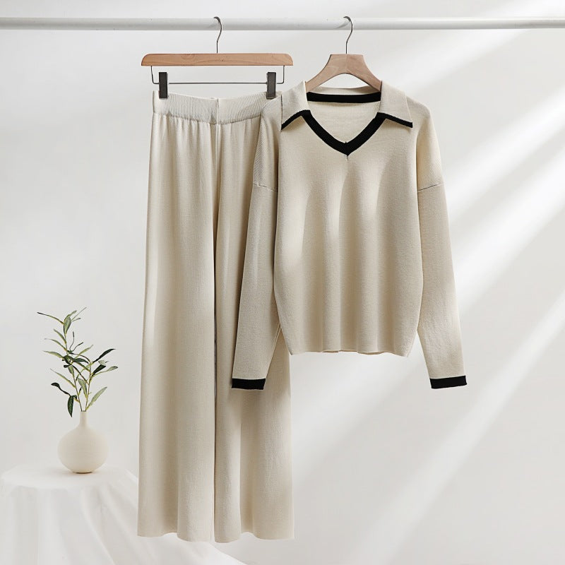 Damen gemütliches Strick-Loungewear-Set mit kontrastierendem Kragen und weitem Bein Heidi-Mode