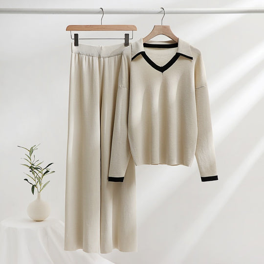 Damen gemütliches Strick-Loungewear-Set mit kontrastierendem Kragen und weitem Bein Heidi-Mode