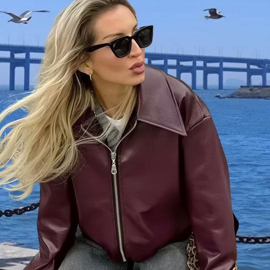 Damen Kunstlederjacke mit Stehkragen und voluminösen Ärmeln Heidi-Mode