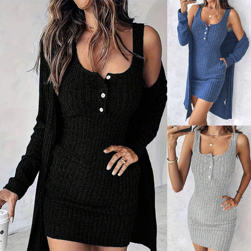 Damen Strickkleid mit Knopfdetails und passendem Cardigan Heidi-Mode