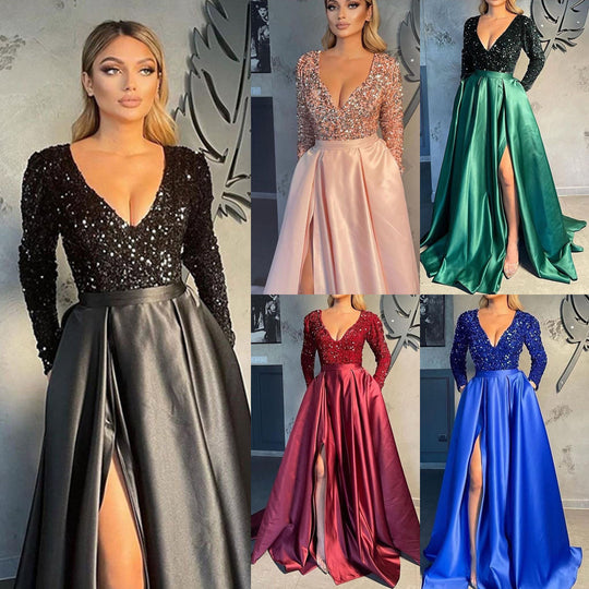 Damen Glamouröses Abendkleid mit tiefem V-Ausschnitt und schimmernden Pailletten Heidi-Mode