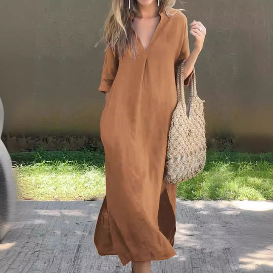 Damen Maxi-Kleid mit V-Ausschnitt und lässigem Schnitt Heidi-Mode