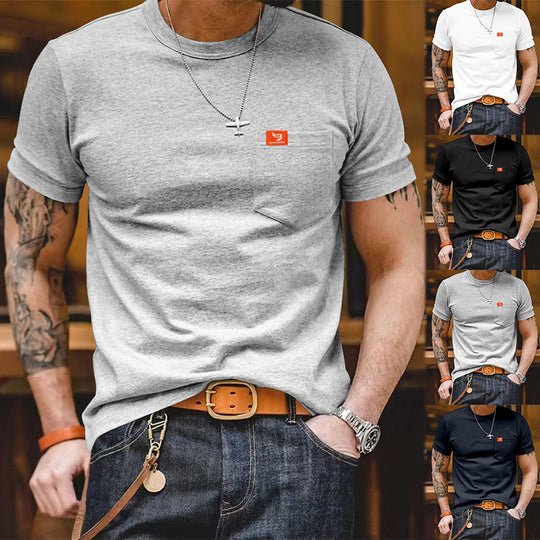 Herren klassisches Kurzarm T-Shirt mit Brusttasche aus hochwertiger Baumwolle Heidi-Mode
