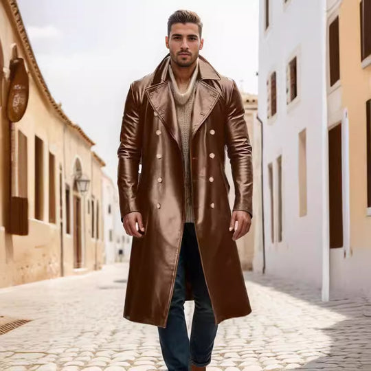 Herren hochwertiger Langmantel aus glänzendem Material mit doppelter Knopfreihe Heidi-Mode