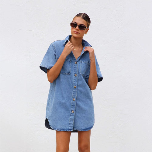 Damen Denim Hemdkleid mit kurzen Ärmeln und praktischen Taschen Heidi-Mode