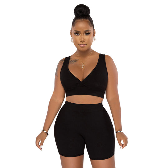 Damen Sportliches Set aus Cropped Oberteil und Radlerhosen mit Rippstruktur Heidi-Mode