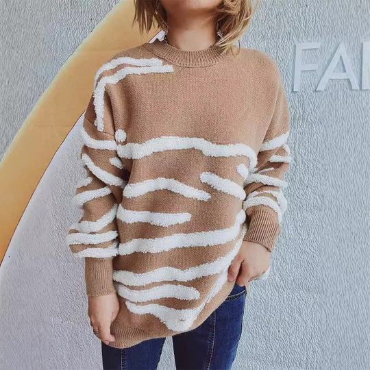 Damen lässiger Strickpullover mit modernem Zebrastreifenmuster Heidi-Mode