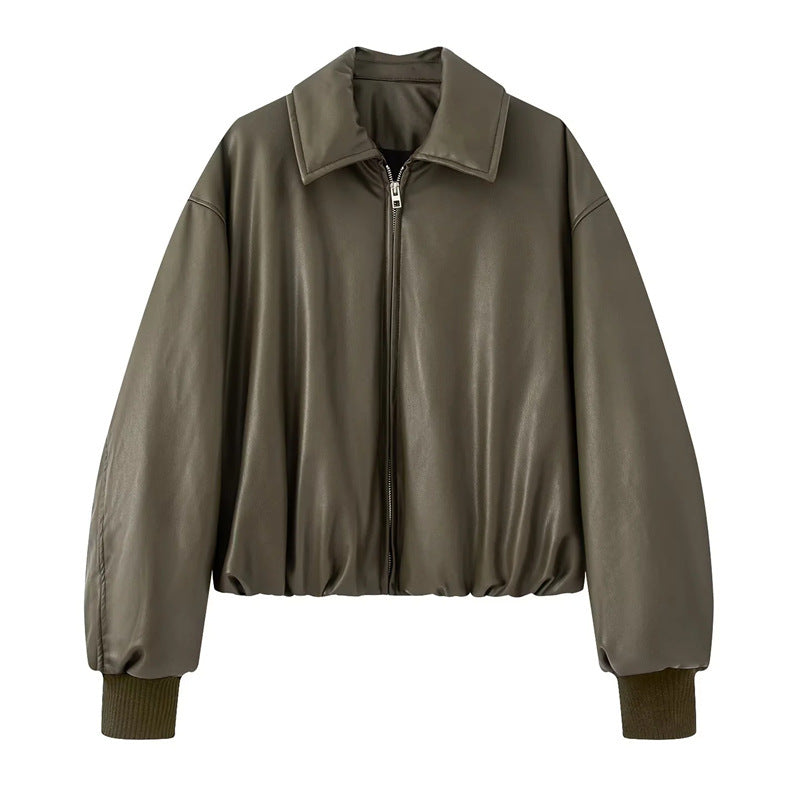 Damen lässige Boxy-Jacke aus weichem Kunstleder mit elastischem Bund Heidi-Mode