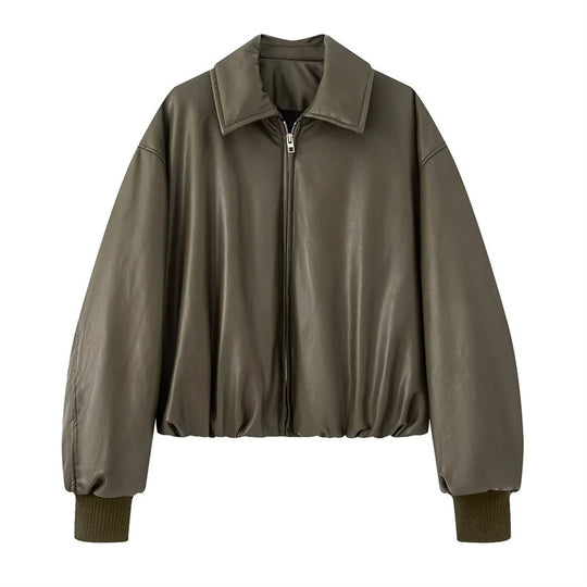 Damen lässige Boxy-Jacke aus weichem Kunstleder mit elastischem Bund Heidi-Mode