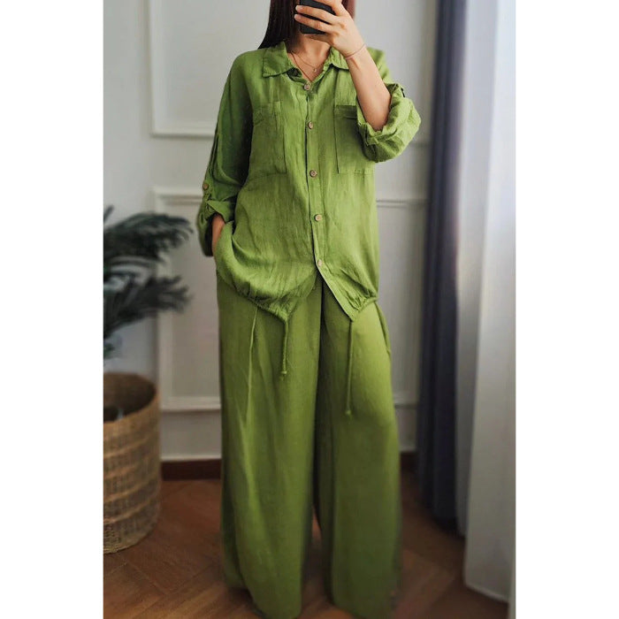 Damen Leinen-Set mit weiten Hosen undlässiger Bluse Heidi-Mode