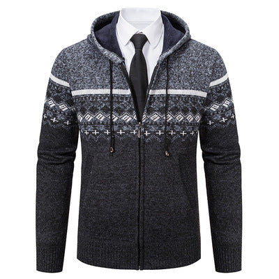 Herren stilvolle Strickjacke mit Kapuze und Norweger-Muster Heidi-Mode