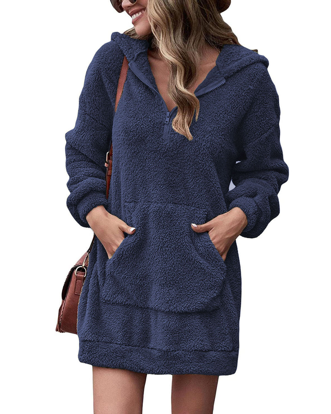 Damen kuscheliges Fleece-Kleid mit Kapuze und Taschen Heidi-Mode