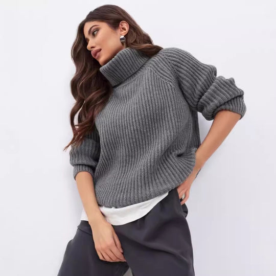 Damen Strickpullover mit hohem Kragen und Wabenstruktur Heidi-Mode