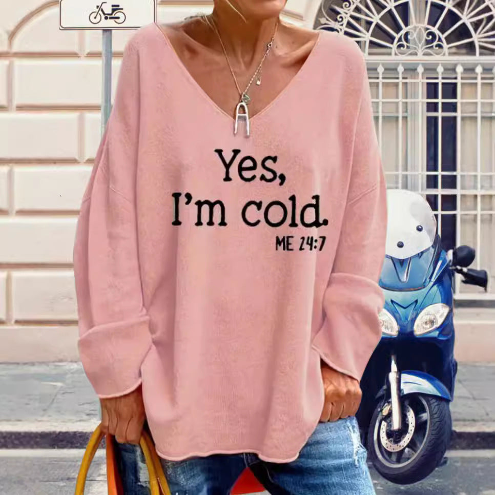 Damen Oversized Pullover mit modernem V-Ausschnitt und aufgedrucktem Statement Heidi-Mode