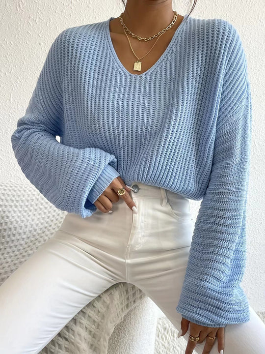 Damen V-Ausschnitt Strickpullover mit weiten Ärmeln Heidi-Mode