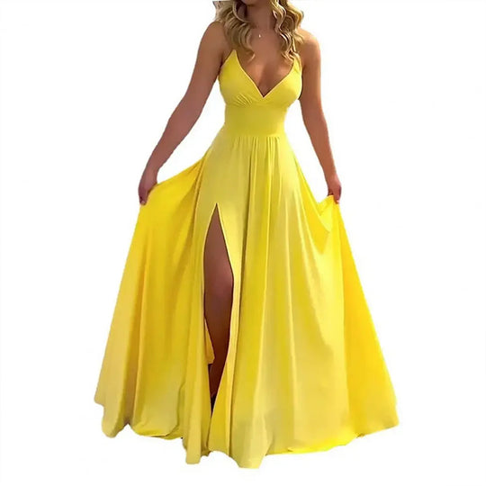 Damen Maxikleid mit tiefem V-Ausschnitt und seitlichem Schlitz Heidi-Mode